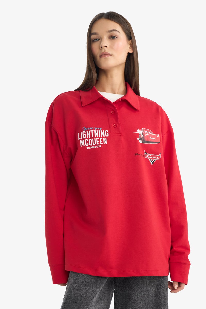 DeFacto Red Woman Cars Oversize Polo Collar Back Print Sweatshirt Casual - Image 3